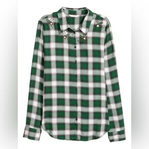 H&M Women’s Plaid Button Down Beetle Beaded Embellished Top Green/White 4